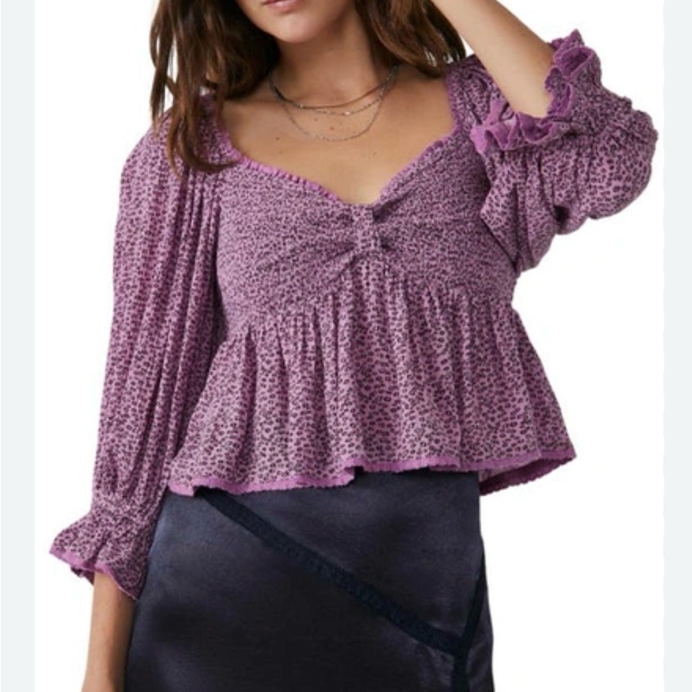 Free People Britnee Ruched Peplum Top in Purple Sz M
